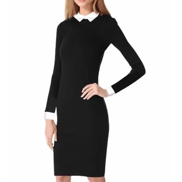 White Collared Black Long Sleeve Pencil Dress Sz Small New - Picture 3 of 7